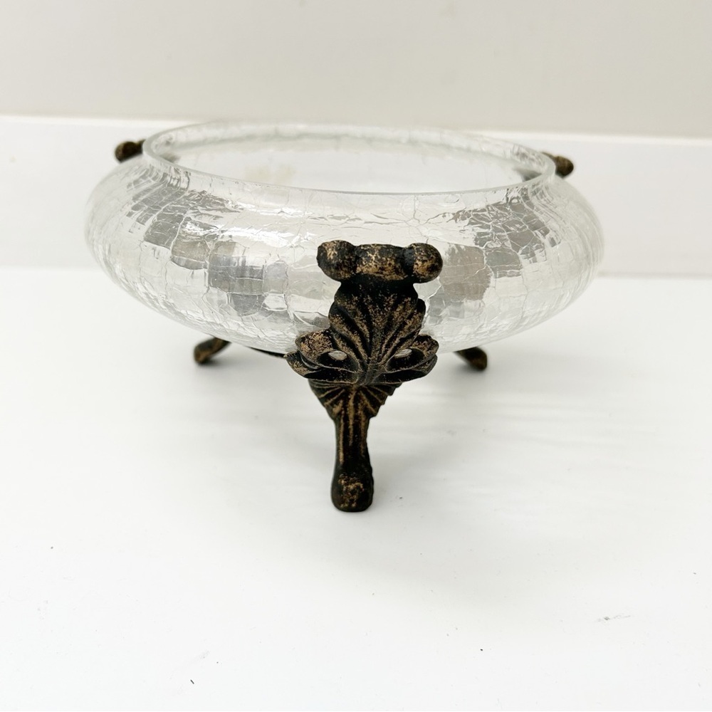 90’s Vintage Crackle Glass Bowl W/ Stand Floating Candle Holder